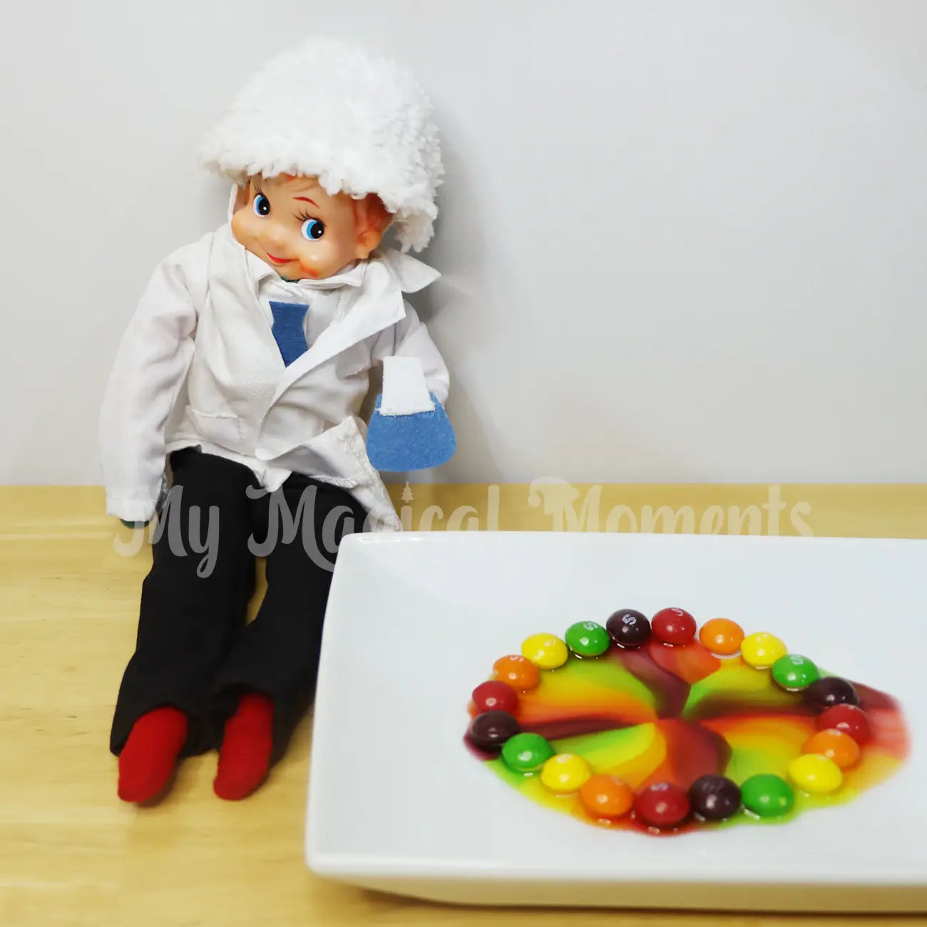 elf wearing a scientist outfit doing a science experiment