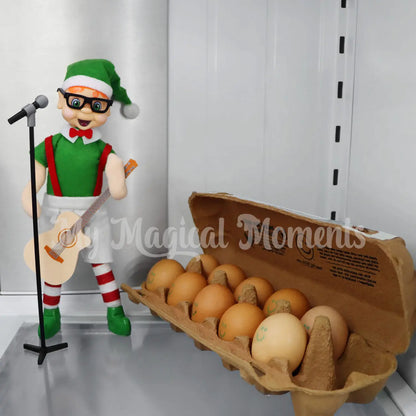 Elf sheeran playing guitar to eggs in the fridge with a mini microphone