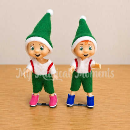 Toddler elves wearing ponseti boots