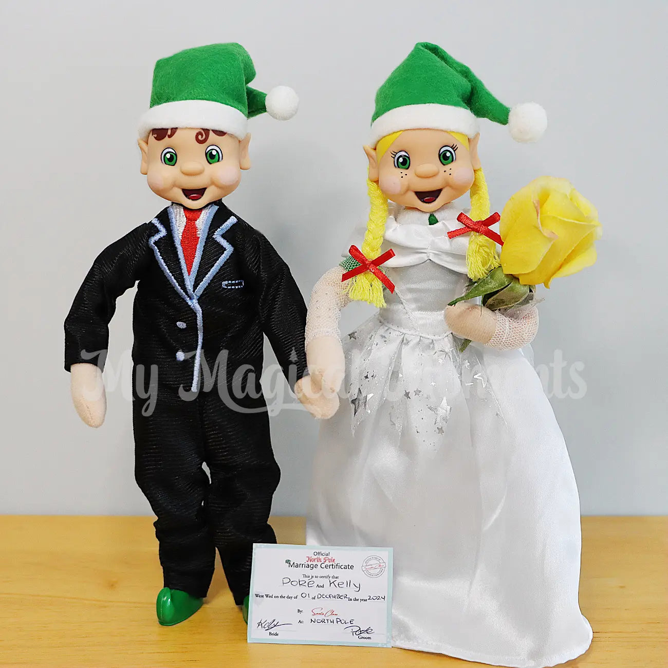 elves getting married in their suit, wedding dress on their elf wedding day