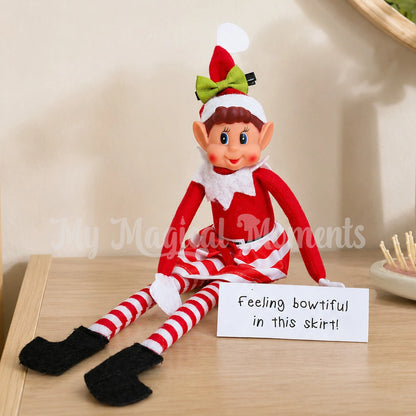 Elf wearing a red and white skirt, with a bow tie