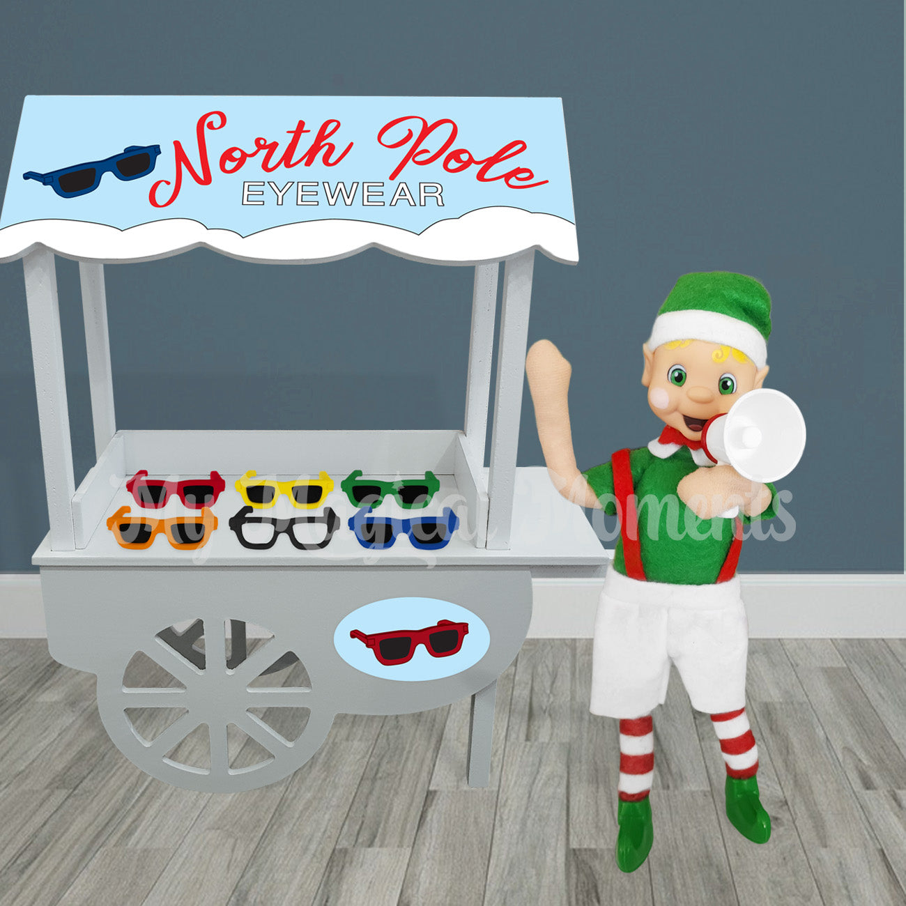Elf with a megaphone selling reading glasses and sunglasses