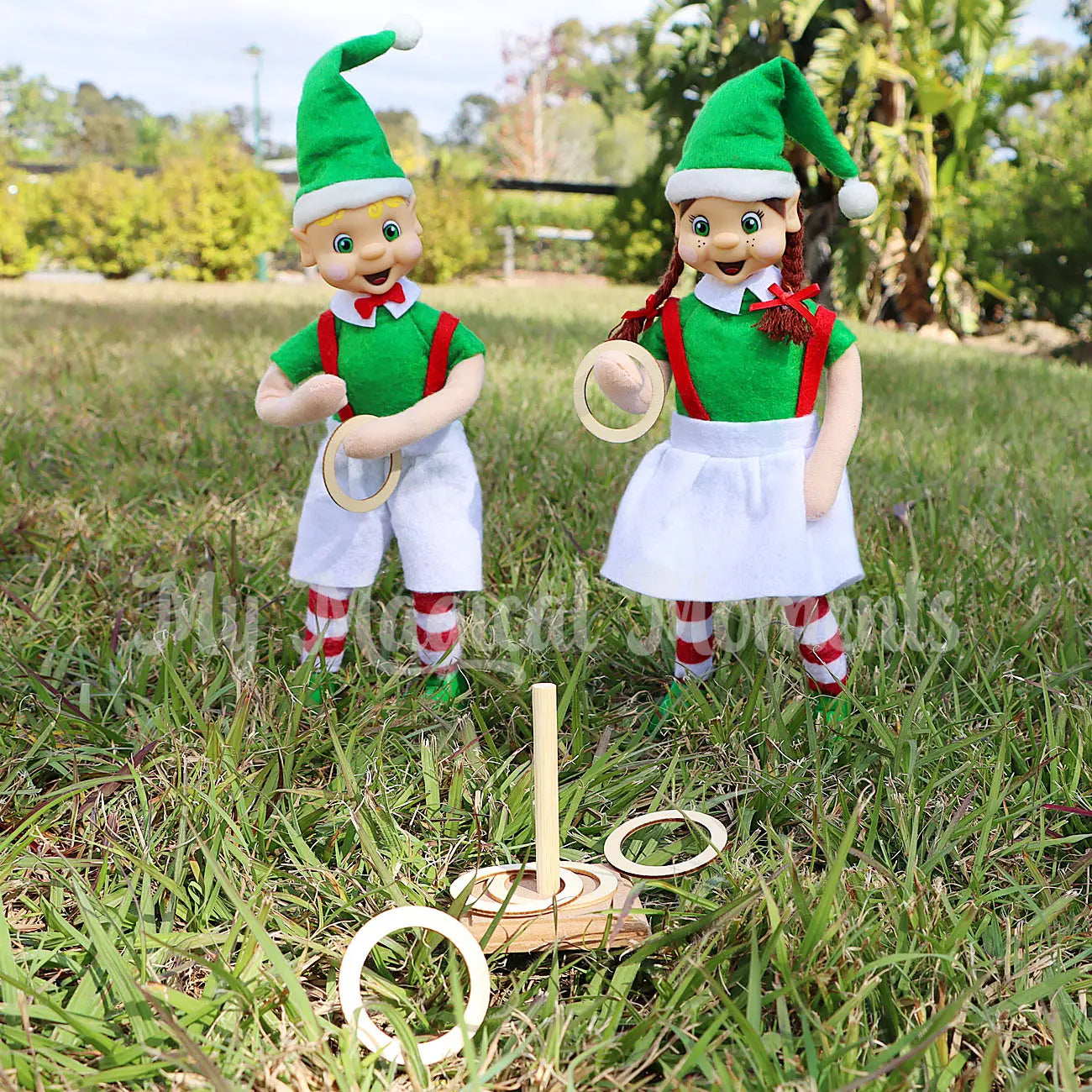 My elf friends playing ring toss in the garden