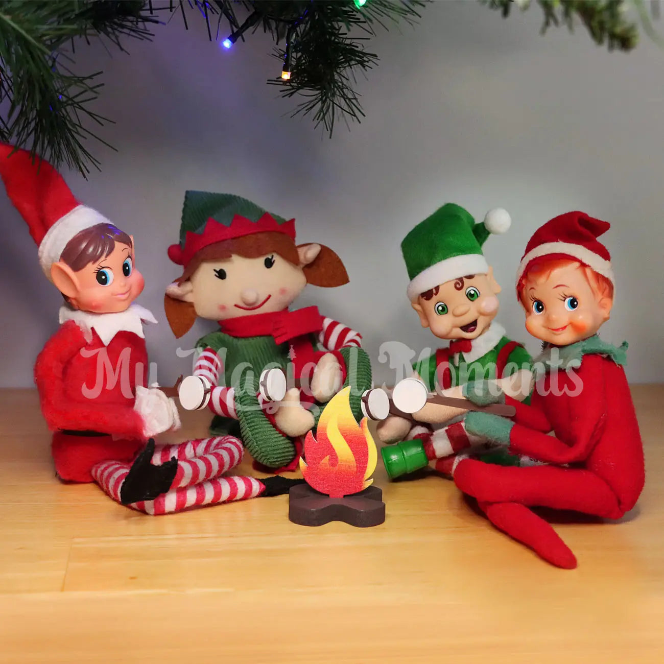 A group of elves cooking marshmallows by a elf sized fire pit