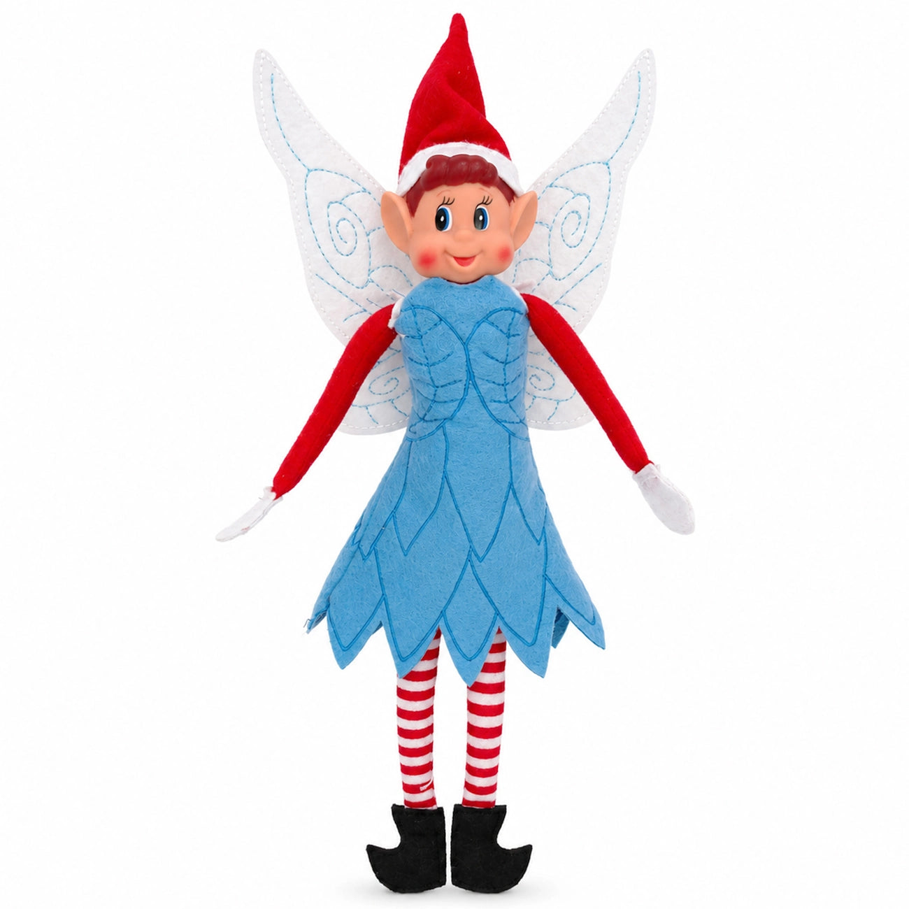 elf wearing a fairy costume, with fairy wings and a blue dress