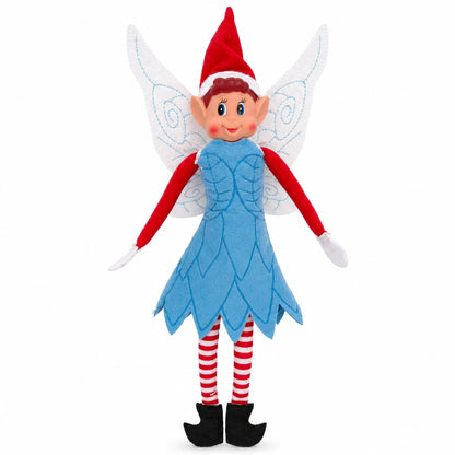 elf wearing a fairy costume, with fairy wings and a blue dress