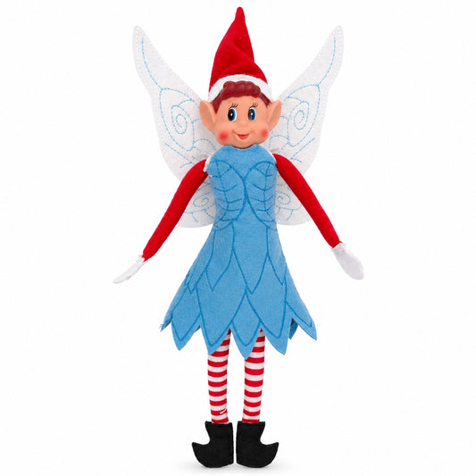 elf wearing a fairy costume, with fairy wings and a blue dress