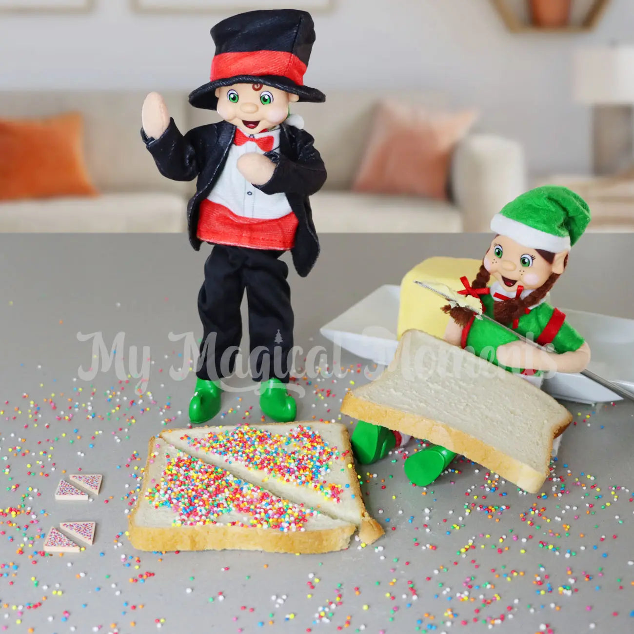 Elf dressed as a magician turning fairy bread into mini fairy bread