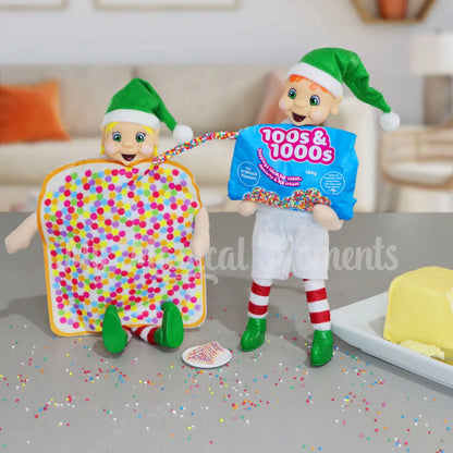 Elves making fairy bread with 100s & 1000s trick with mini fairy bread on a plate