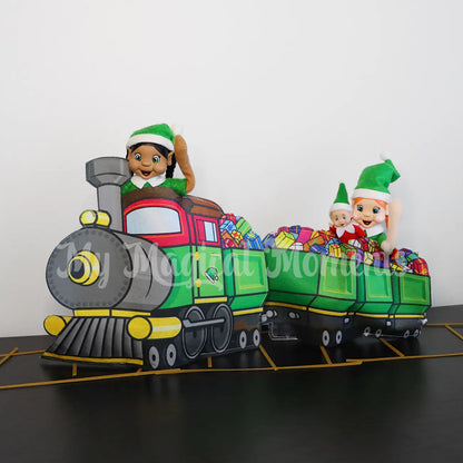 Elves driving a train on pasta tracks with elf baby