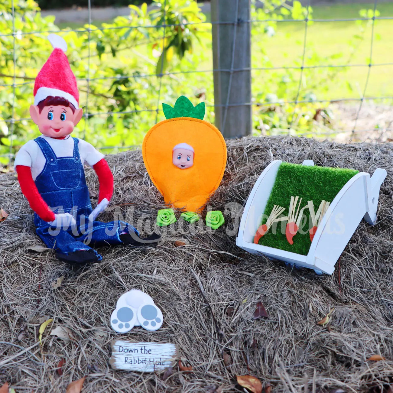 elf wearing overalls farming elf baby carrots with mini wheelbarrow 