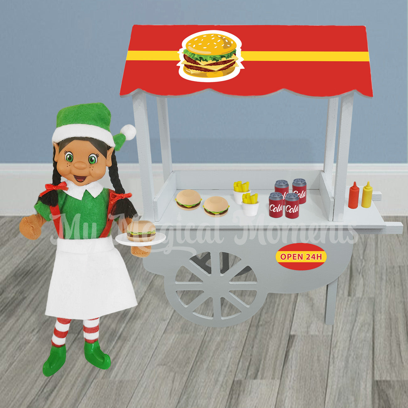 Elf serving a burger in front of a fast food service shop.