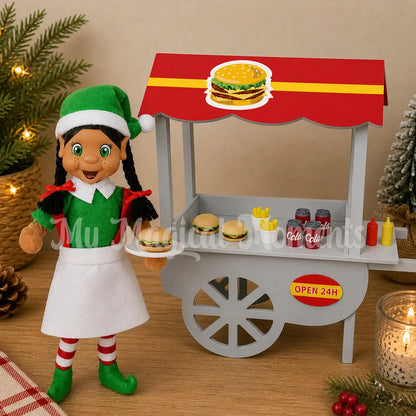 elf selling burgers at a fast food stand