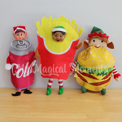 elves dressed up wearing cola costume French fries and a burger costume