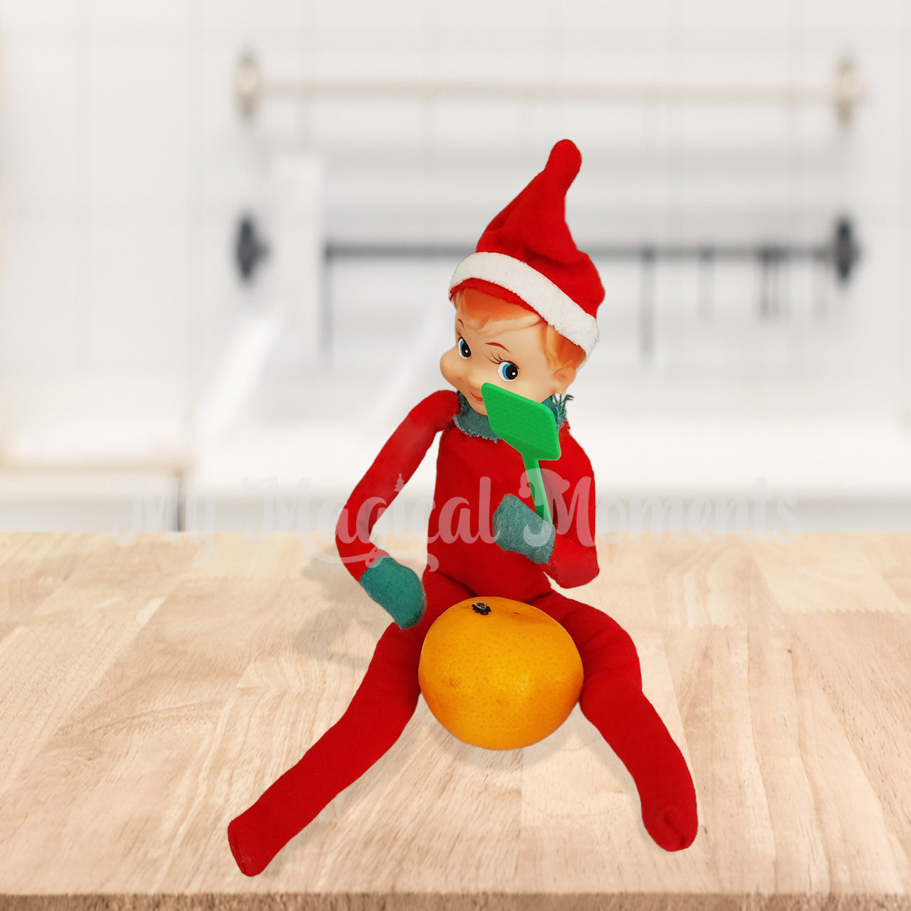 Fly Swatter prop scene in the kitchen on fruit featuring 60s elf by My Magical Moments