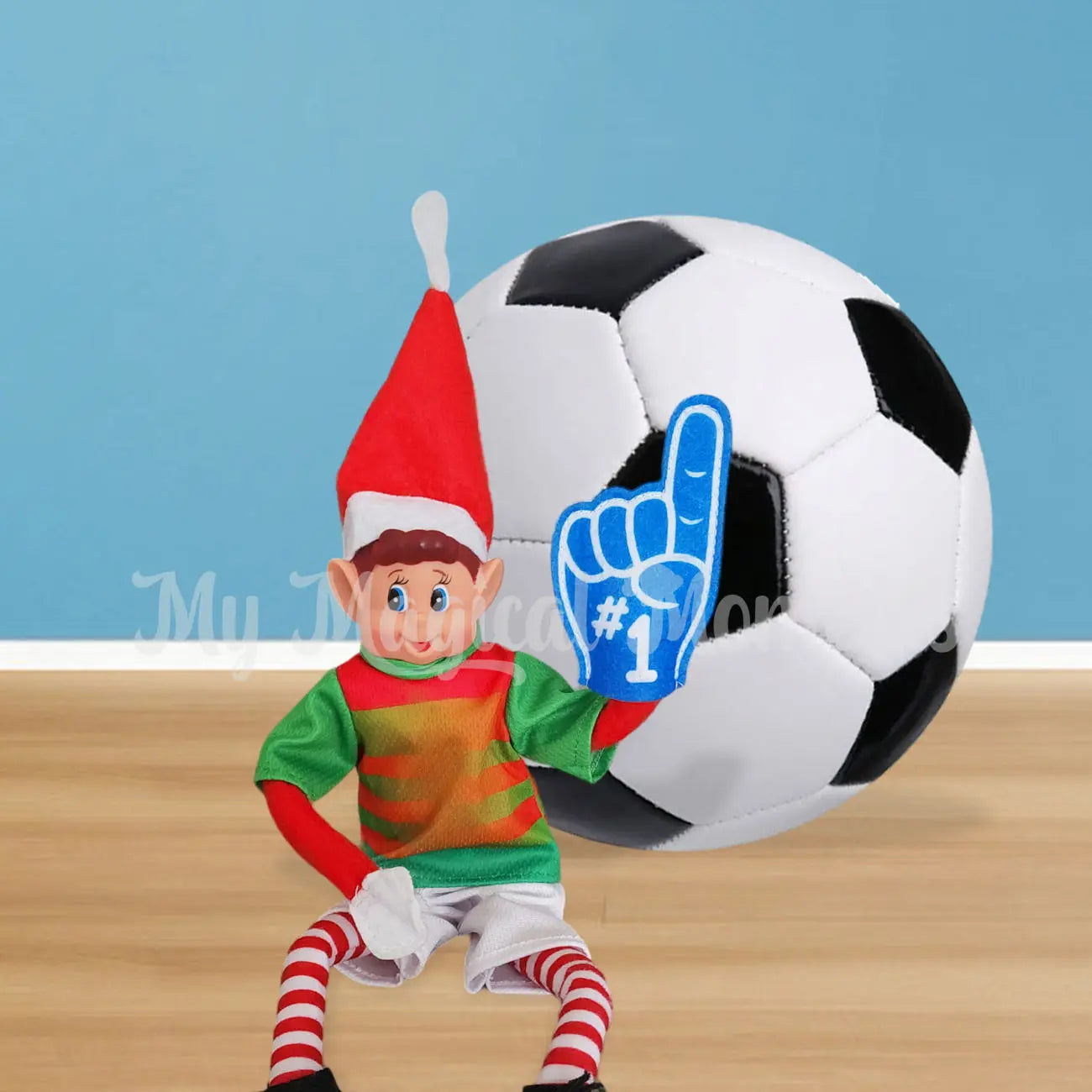 Elf With a foam finger dressed in a soccer uniform with a soccer ball