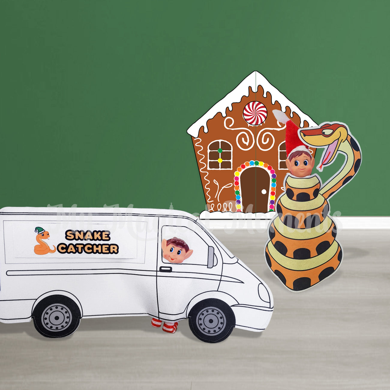 Elf dressed as snake catcher van at a gingerbread home to catch a snake eating an elf