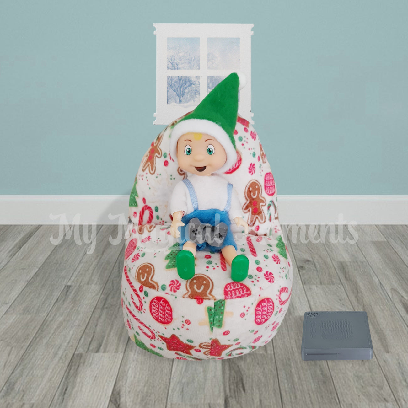 Elf toddler playing a video game on a bean bag
