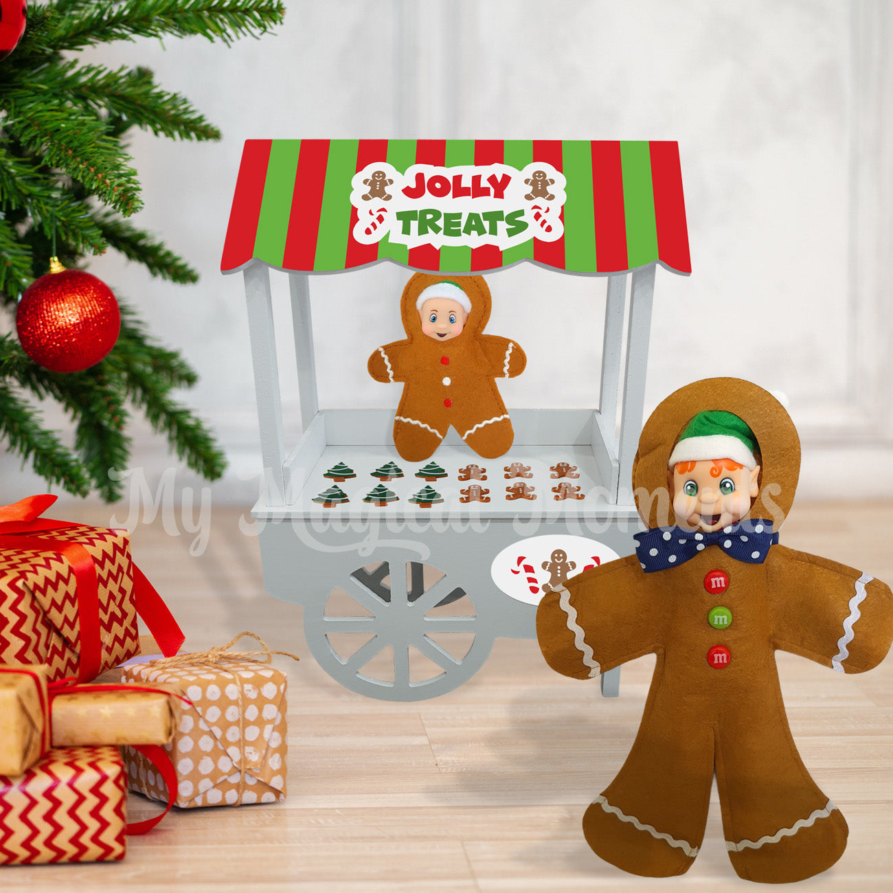 Elf wearing a gingerbread costume selling baby elf gingerbread cookies