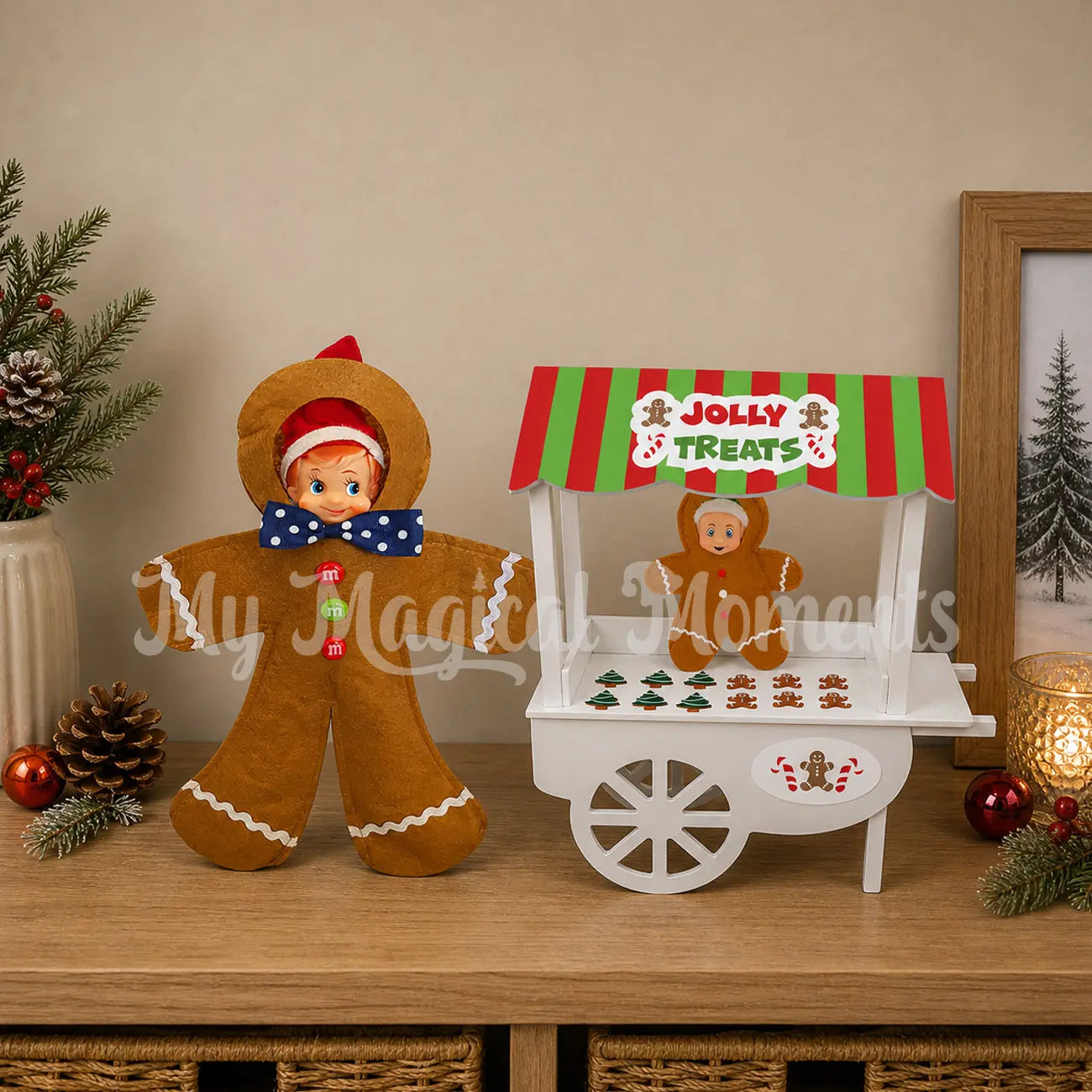 Elf dressed as a gingerbread selling gingerbread cookies