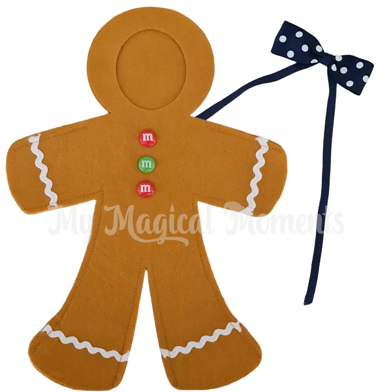 Gingerbread elf costume with m&m buttons and blue and white bow