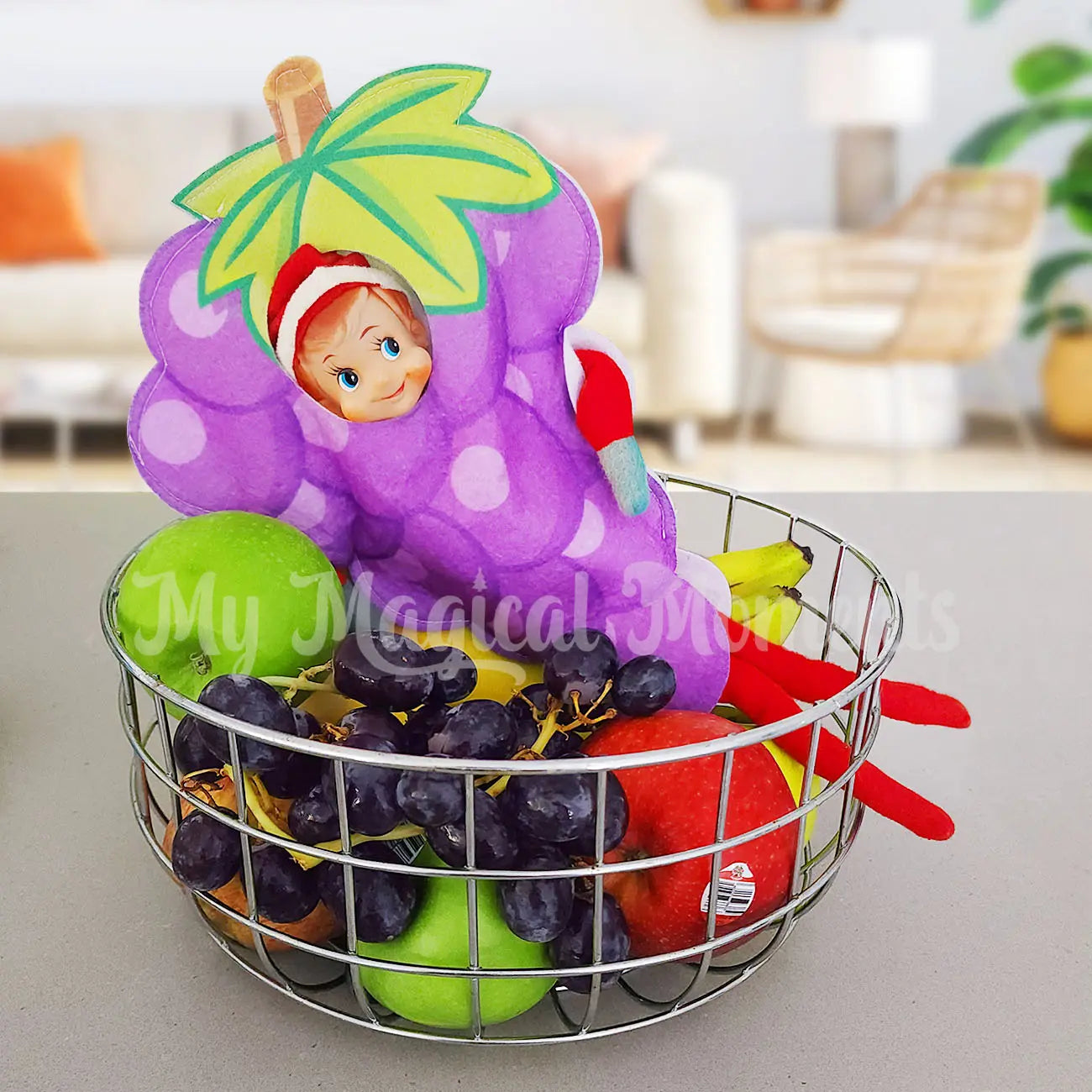 Vintange Elf wearing a grape costume hiding in a fruit bowl