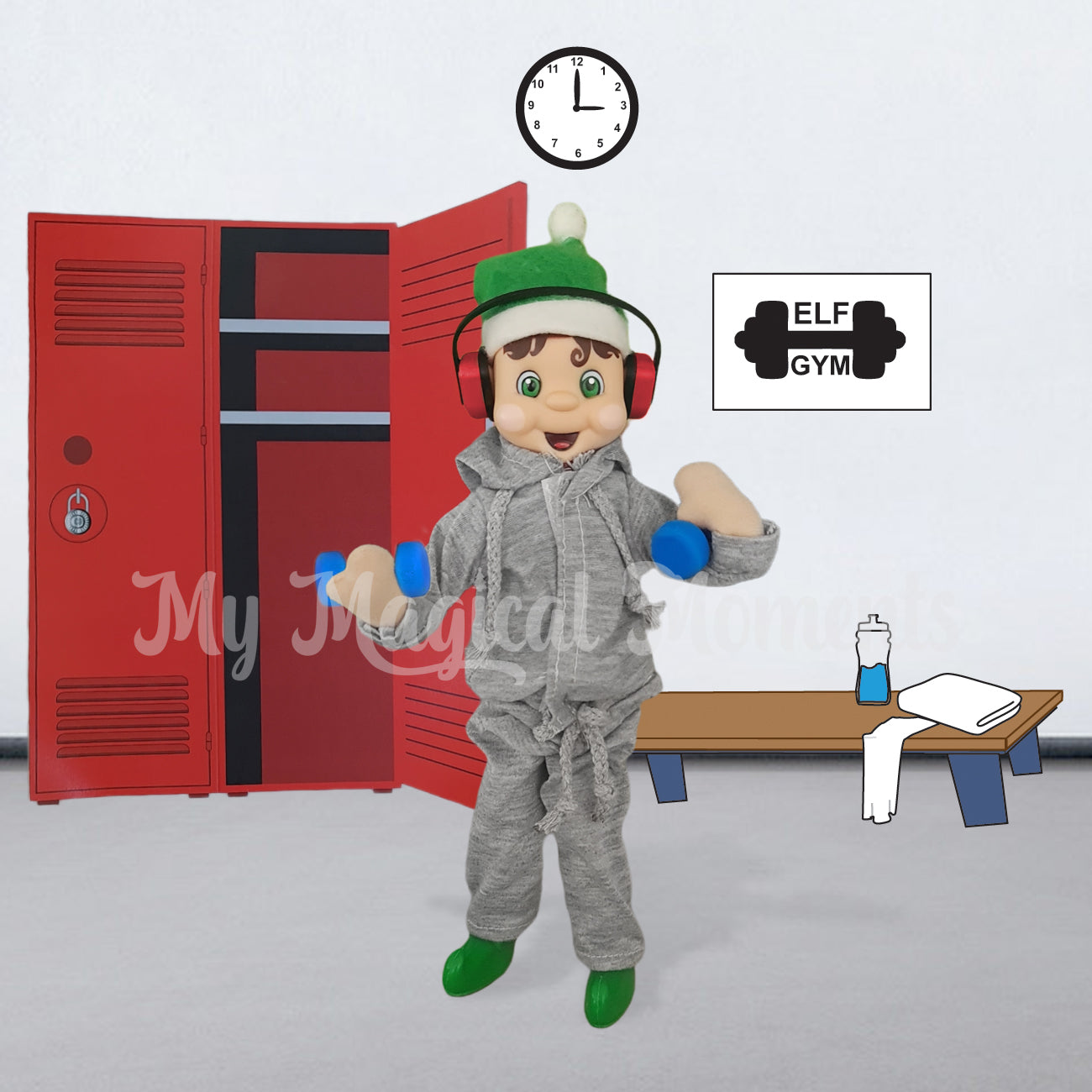 elf dressed in gym equipment in a locker room printable