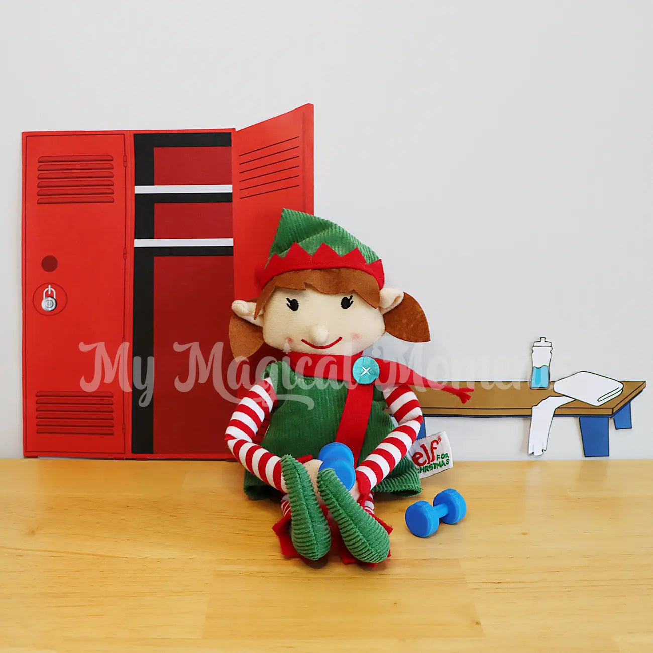 elf with mini dumbells in a gym scene