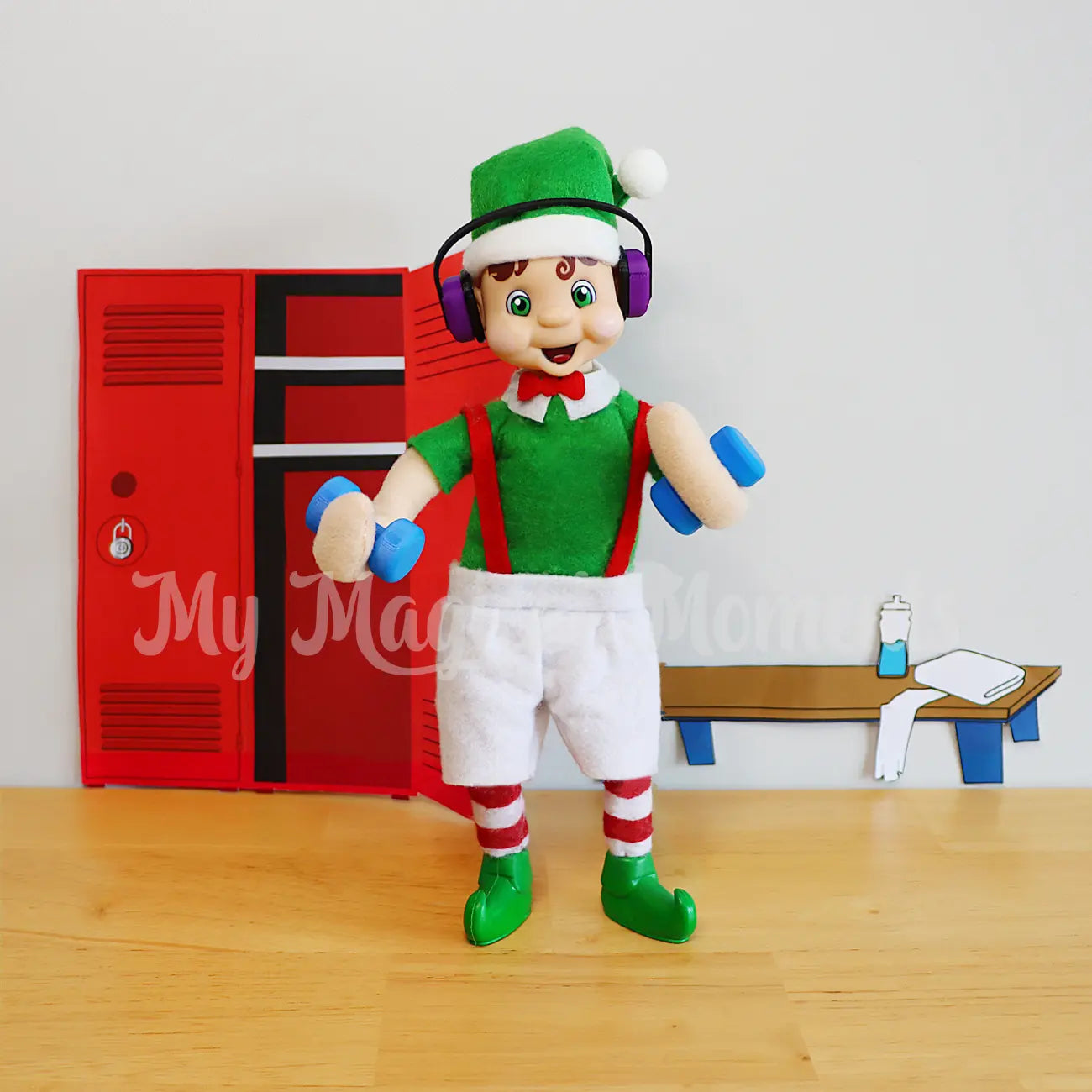 elf working out in a mini printable gym scene with mini headohones