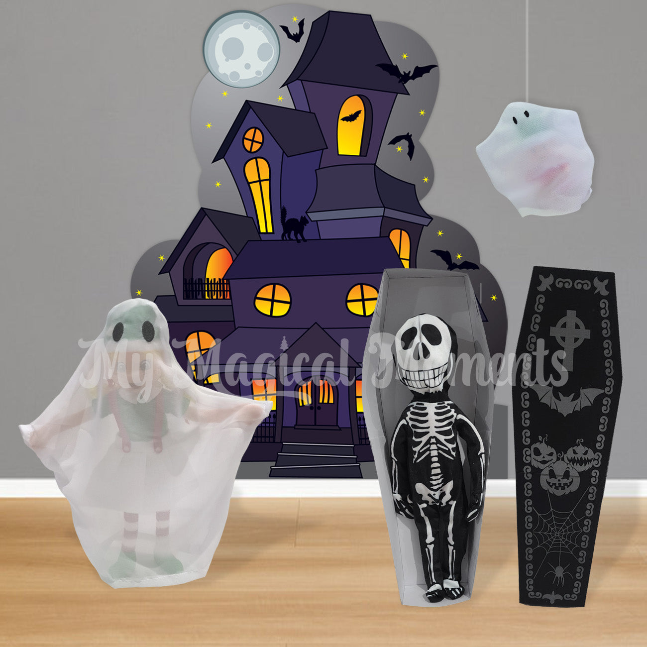 Halloween Elf Scene with Haunted mansion printable, Skeleton, ghost and baby ghost