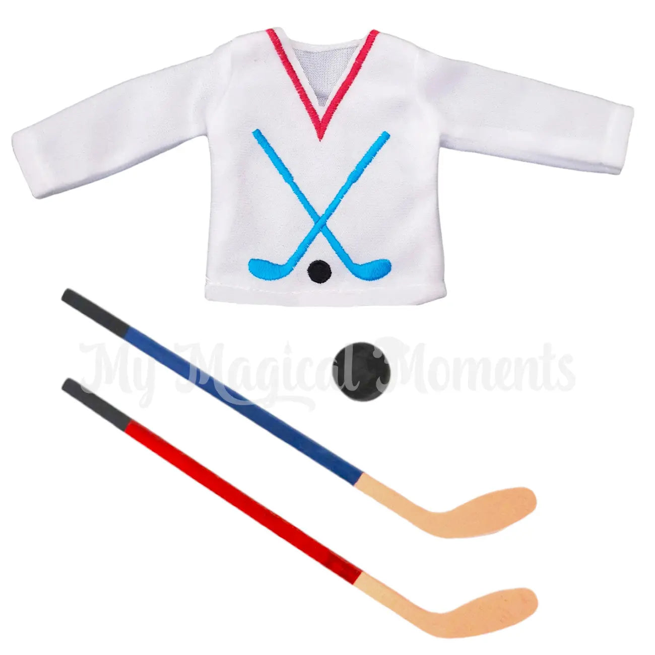 Elf hockey jersey with miniature hockey sticks and puck