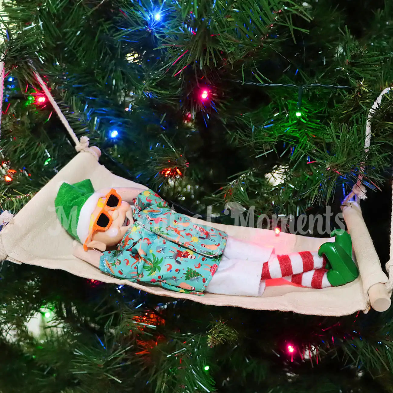 My Elf Friend Relaxing on hammock in the Christmas tree