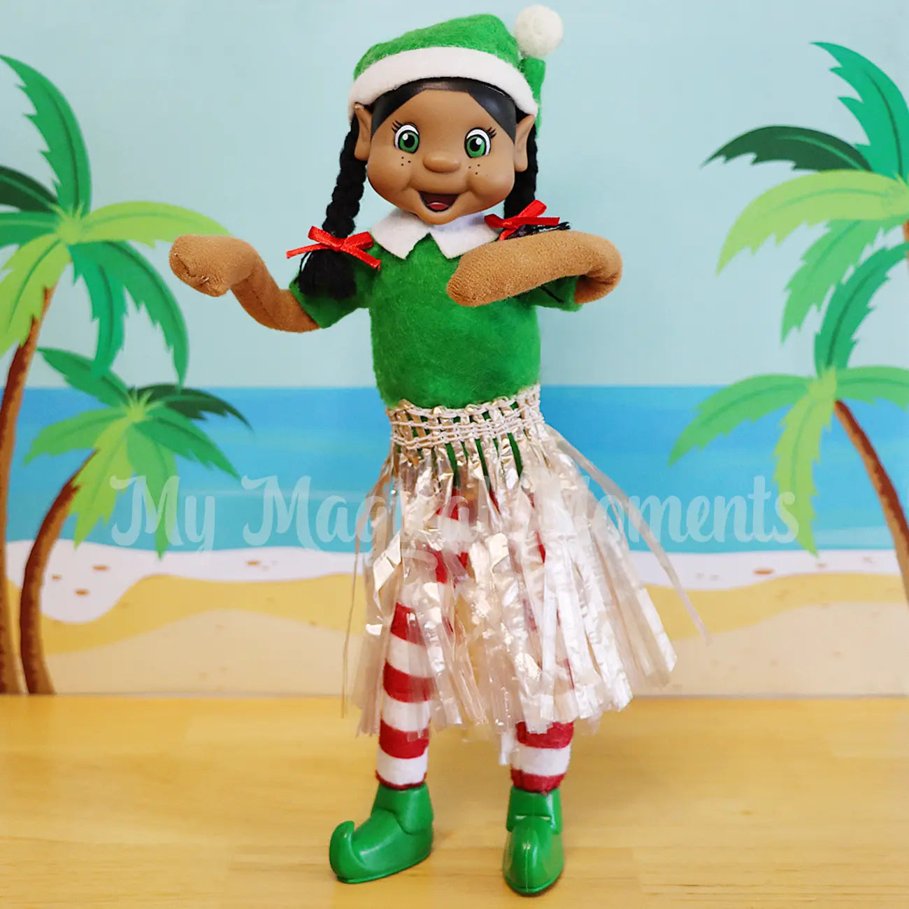 elf wearing a hula skirt