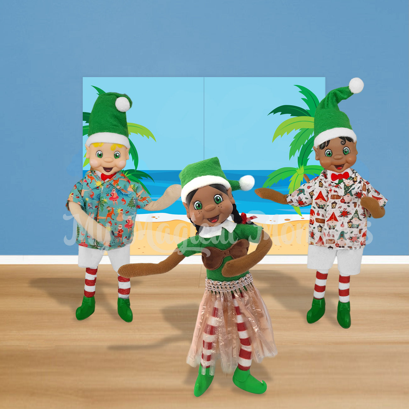 My Elf Friends Hawaiian scene . One elf is wearing a hula skirt, the other two are wearing Hawaiian shirts