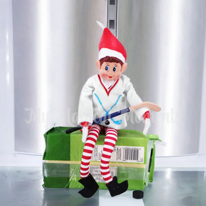 Elves behavin badly wearing a hockey jersey playing hockey in the fridge