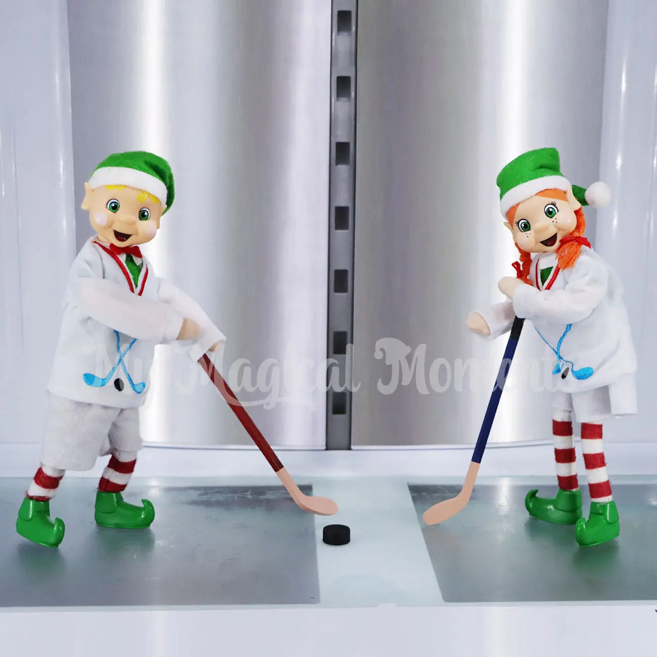 My elf friends playing hockey in the fridge