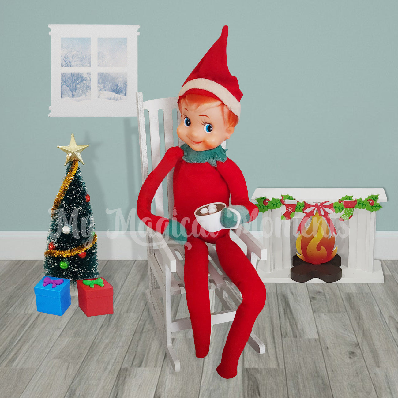 Fireplace scene with hot cocoa elf prop featuring 60s elf By My Magical Moments