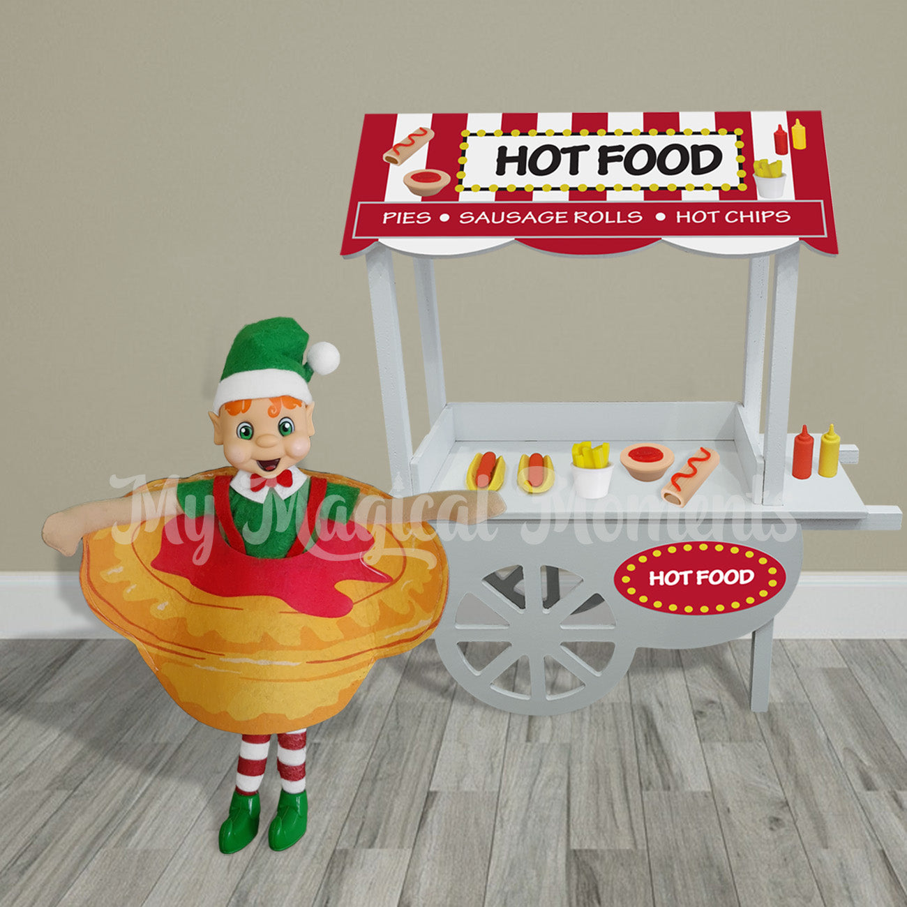 Elf dressed as a pie selling hot food