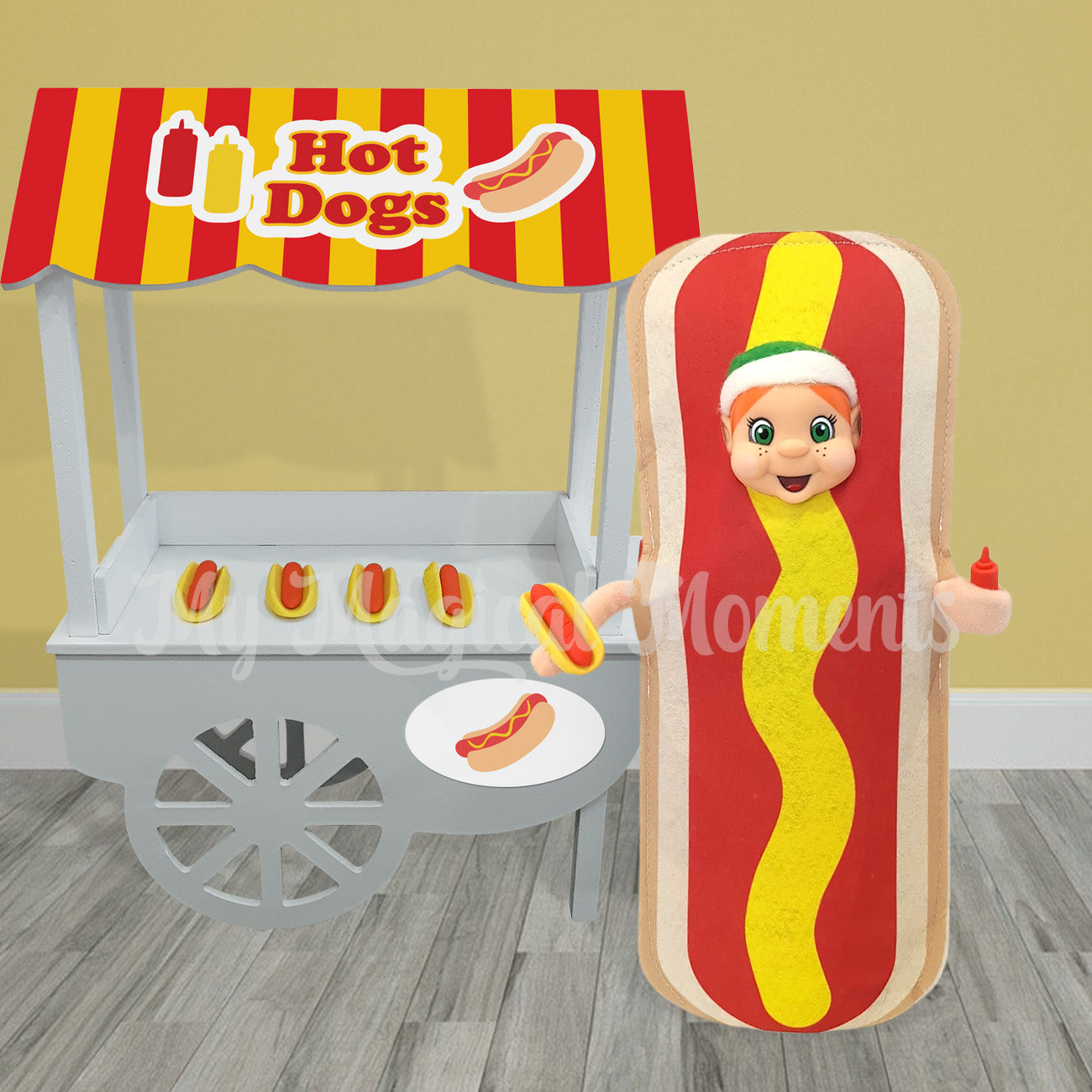 Elf dressed as hot dog, holding a miniature hot dog selling food from her stand