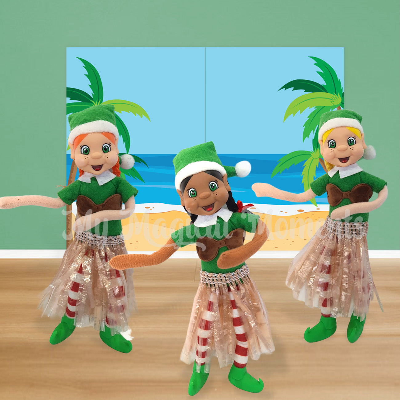 Elves doing a hula dance wearing coconut bras and grass skirts