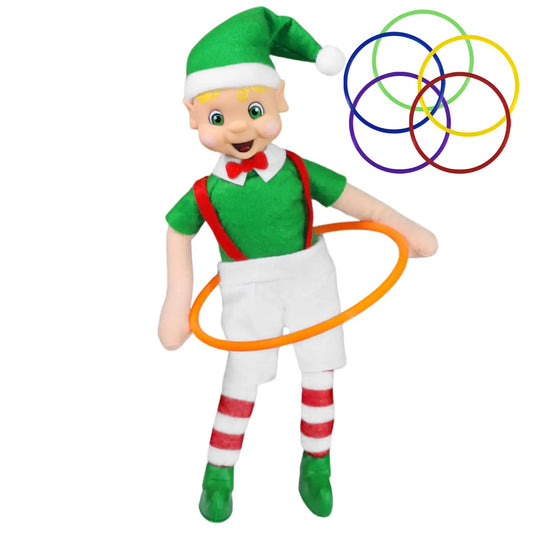 Bendable elf playing with a hula hoop