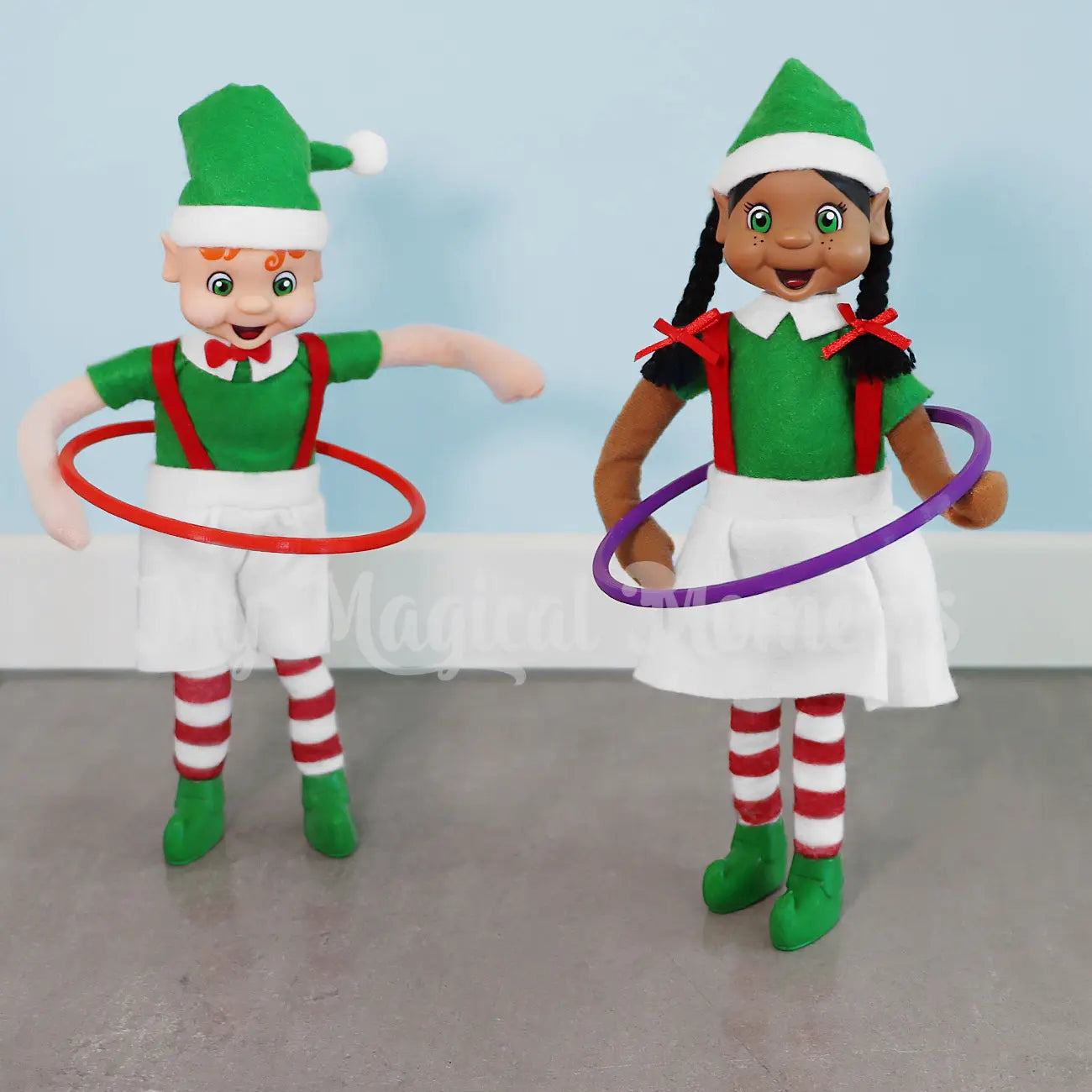 Bendable Standing Elves with Orange and Black Hair using mini Hula Hoop props