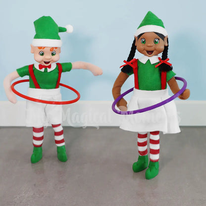 Bendable Standing Elves with Orange and Black Hair using mini Hula Hoop props