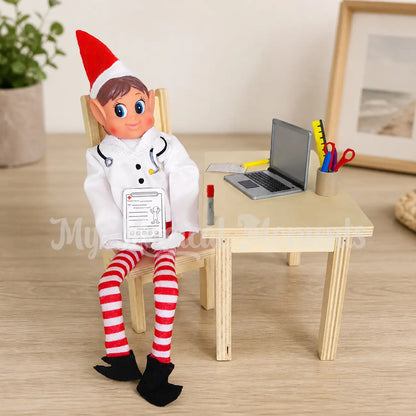 Elves behavin badly dressed as a doctor at a wooden table and using his little laptop and Humira pen