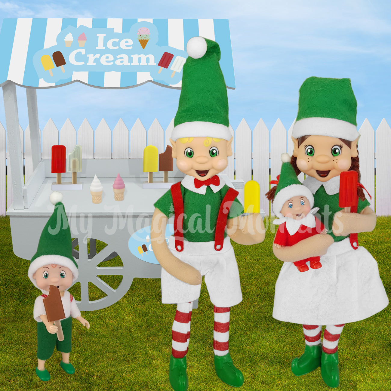 Elves eating ice cream as a family from an ice cream stand