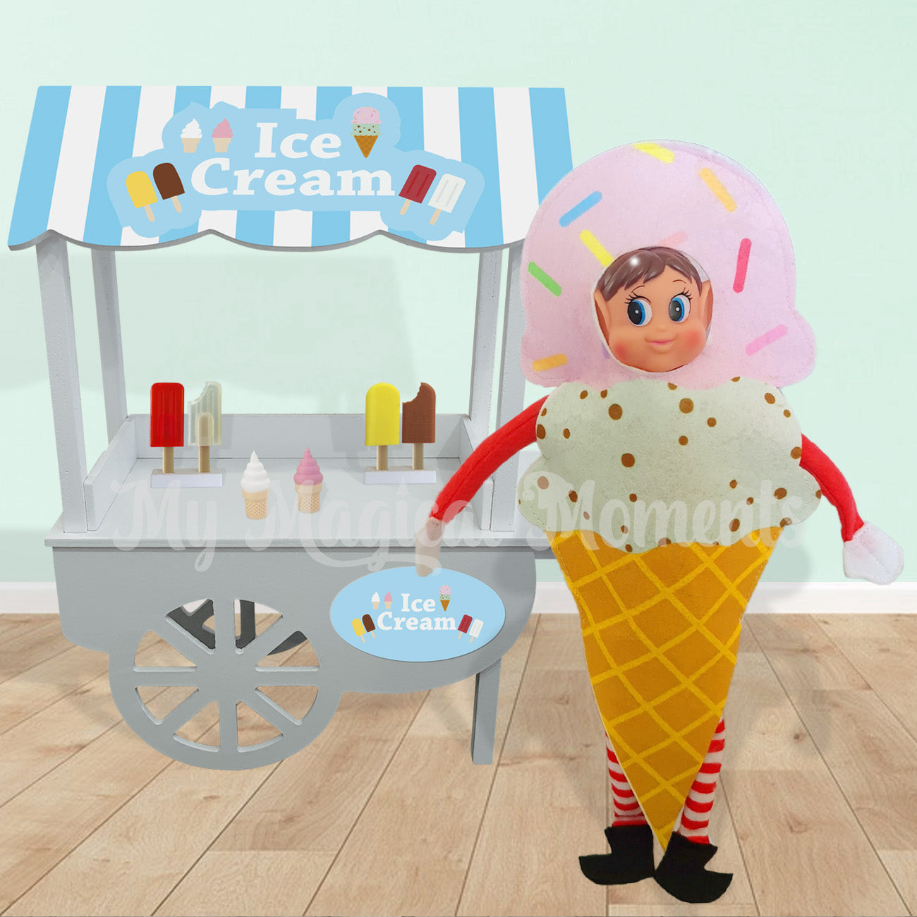 Elves behavin badly elf dressed as an ice cream cone selling ice cream from a shop