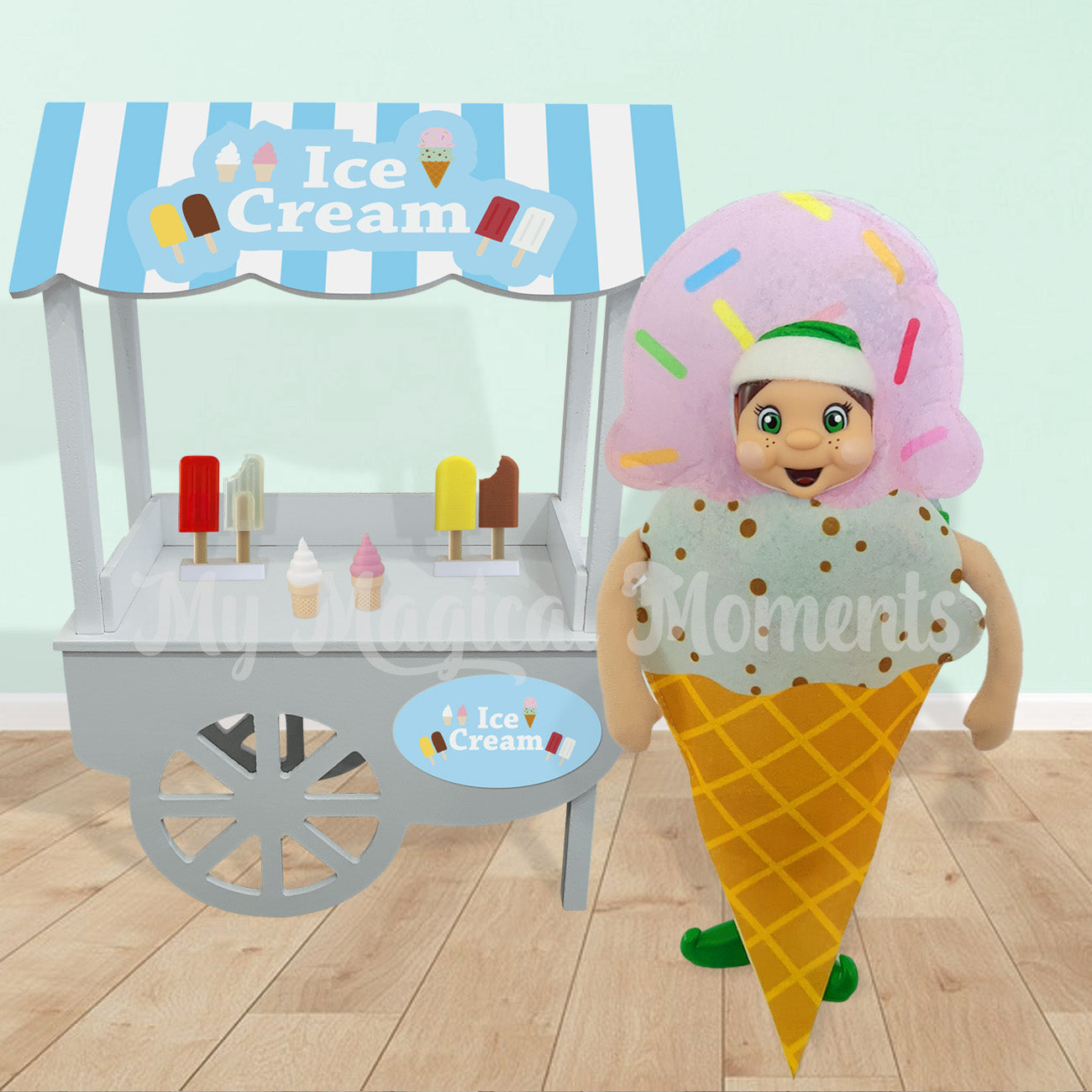 Elf dressed as an ice cream selling paddle pops to elf toddlers