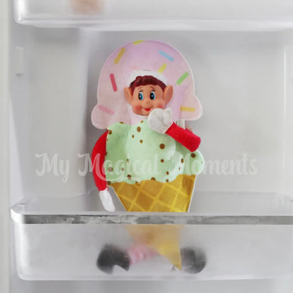 Elves behavin Badly in the freezer wearing an ice cream costume