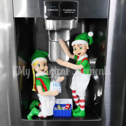 Elves making Ice in the fridge with ice maker and mini esky