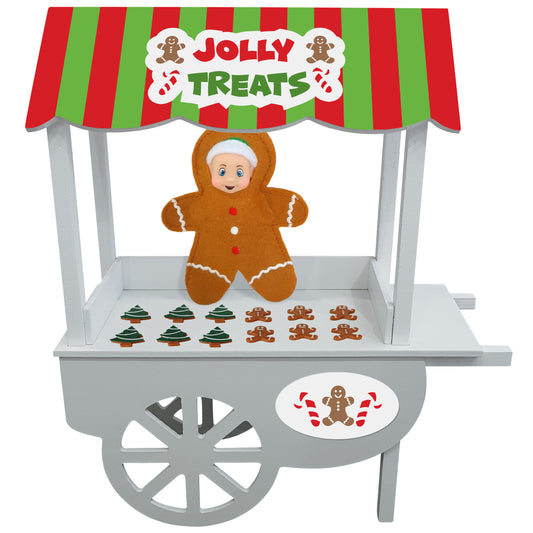 Miniature Christmas treat snacks printable with baby elf dressed as a gingerbread and miniature elf food